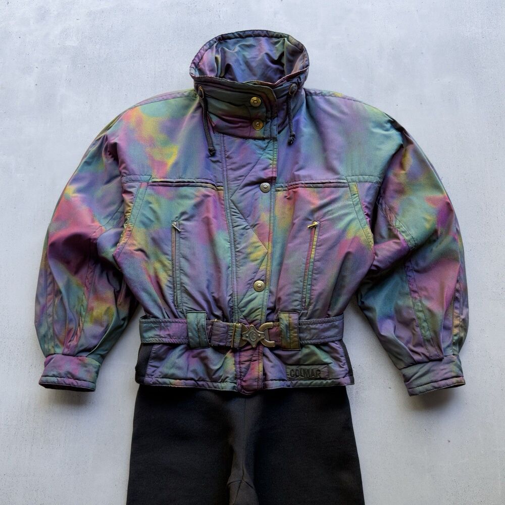 Rare Vintage Colmar Italy Womens 6 Iridescent Ski Suit Jacket Pants Belt 80s 90s